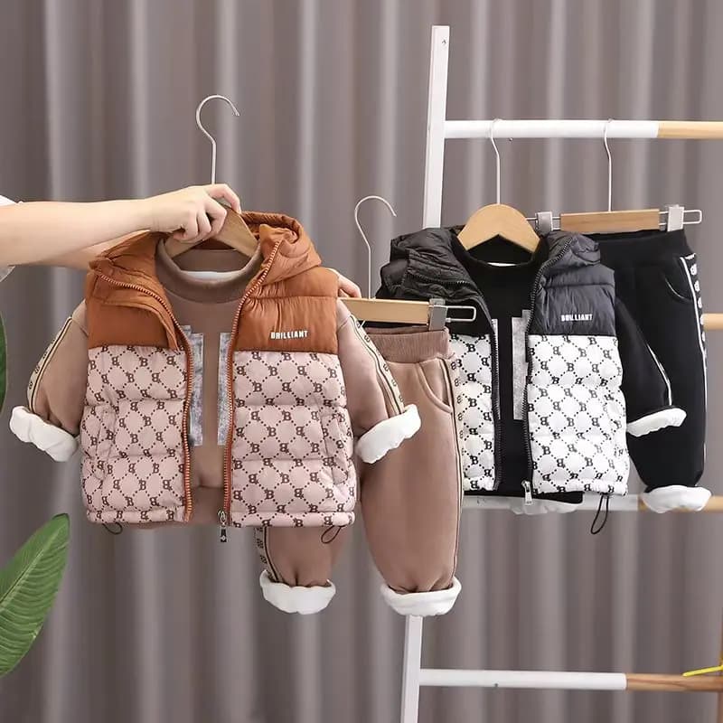 Children Sets 1-6 years winter new boys' hooded hoodie autumn/winter clothes with plush and thickened three piece set treasure