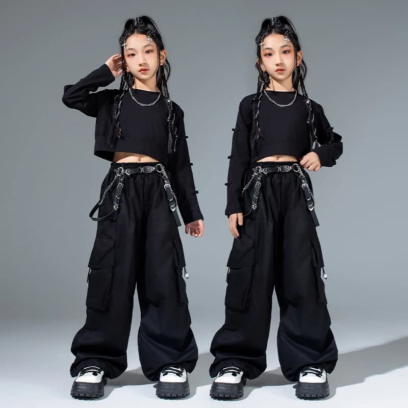 Jazz Dance Clothing Black Hip Hop Kpop Stage Outfit Children Street Dance Costume Girls Fashion Clothes Tops Shuffle Pants 2170