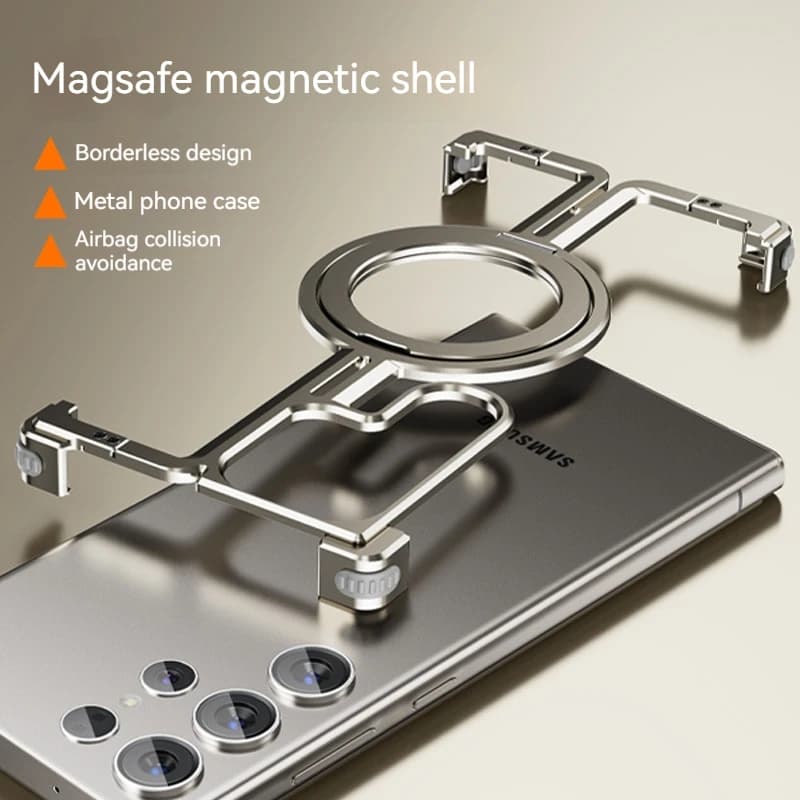 Magnetic Metal Bracket Phone Case For Samsung Galaxy S24 S23 Ultra Aluminum Alloy Frameless Bumper With Finger Ring Phone Cover