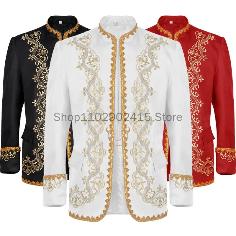 Medieval Men's Halloween Cosplay Vintage Prince Jacket Embroidery Military Stand Collar Coat Retro Wedding Groom King Costume