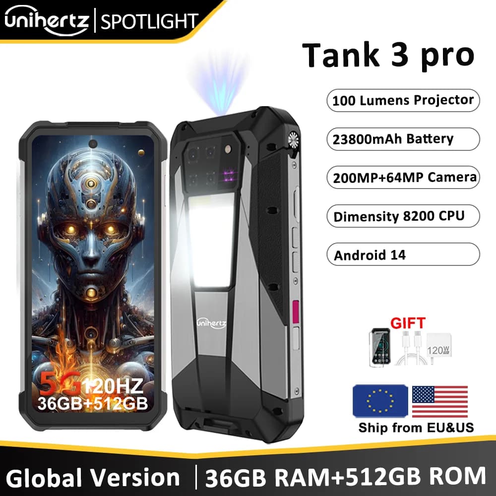 Unihertz Tank 3 Pro 8849 Smartphone with 100 Lumens 120Hz Projector 32GB+512GB 5G Phone 23800mAh 120W Fast Charger 200MP Camera