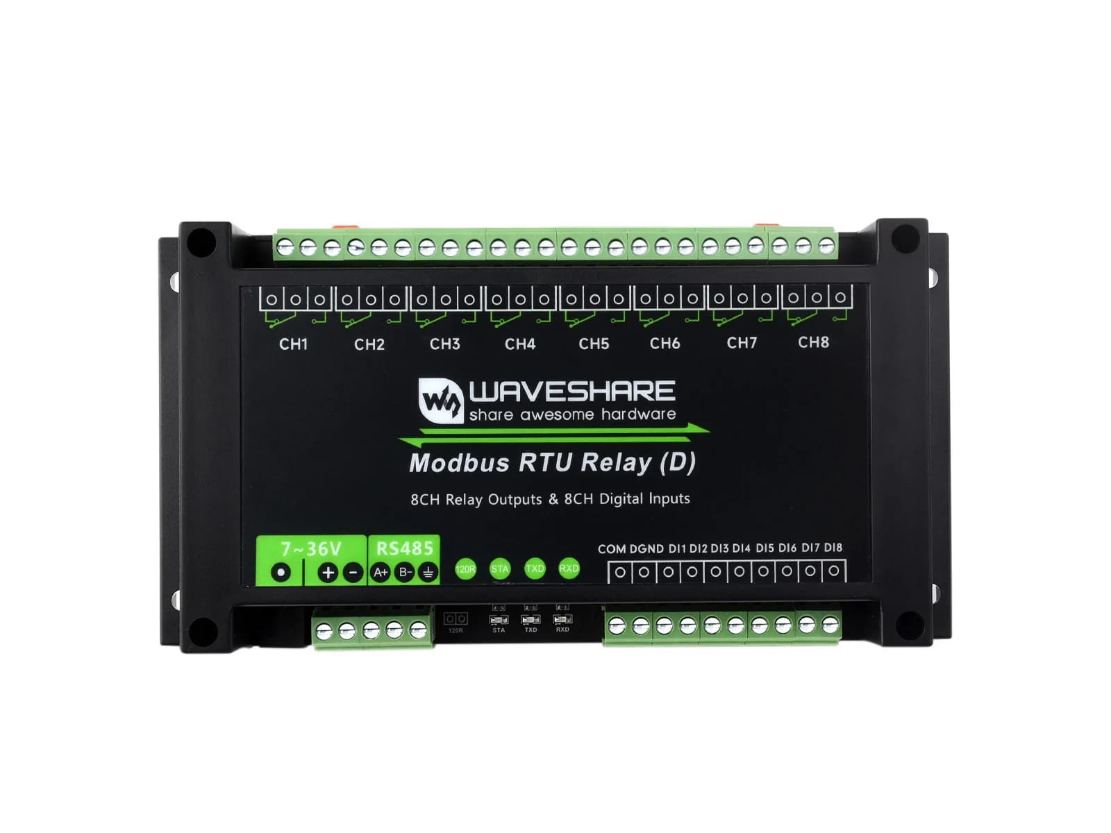 Industrial Modbus RTU 8-ch Relay Module (D) With Digital Input and RS485 Interface, Multi Isolation Protection Circuits, 7~36V