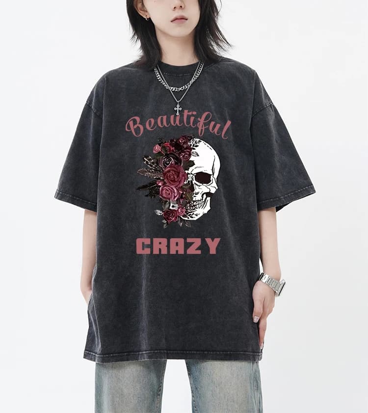 Beautiful Crazy Skull And Flowers Printed Snow Wash Womens T Shirt Cotton Cool Tee Shirts Unisex  Washed Short Sleeve Female