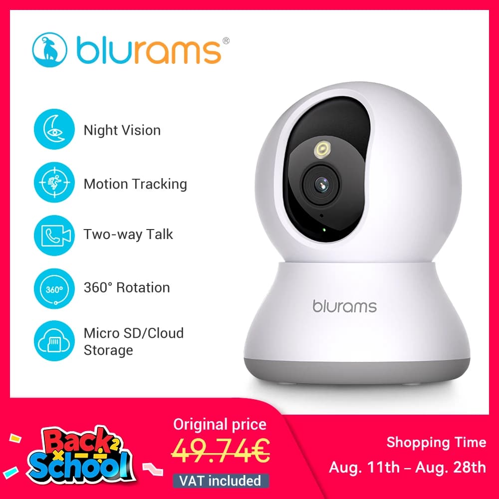 Blurams 2.4＆5G WiFi Indoor Camera, 2K, 360° PTZ Pet Dog IP CCTV Camera with Phone App, 2-Way Talk, Night Vision, for Home Securi
