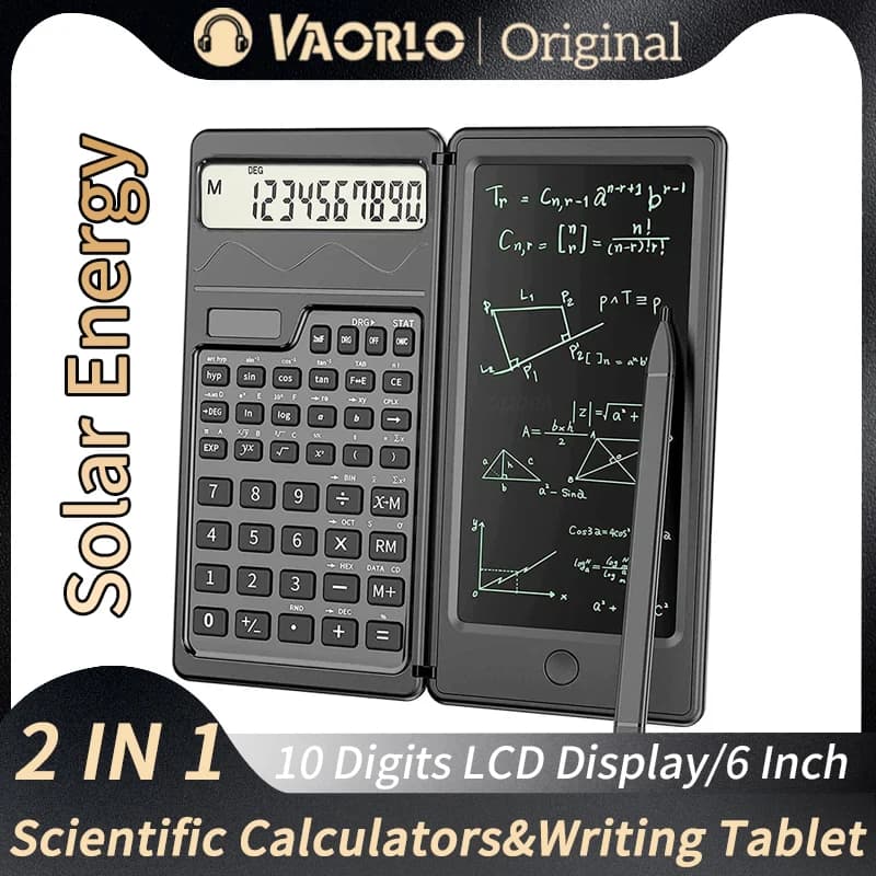 Solar Powered Scientific Calculator & 6 Inch Writing Tablet Foldable 10 Digit LCD Display For Office Student Teachers Accountant