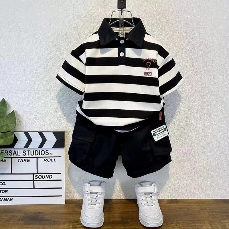 Boys' Summer Clothing Set 2024 New Western Style Children's Summer POLO Shirt Thin Short sleeved Clothes Two Piece Set