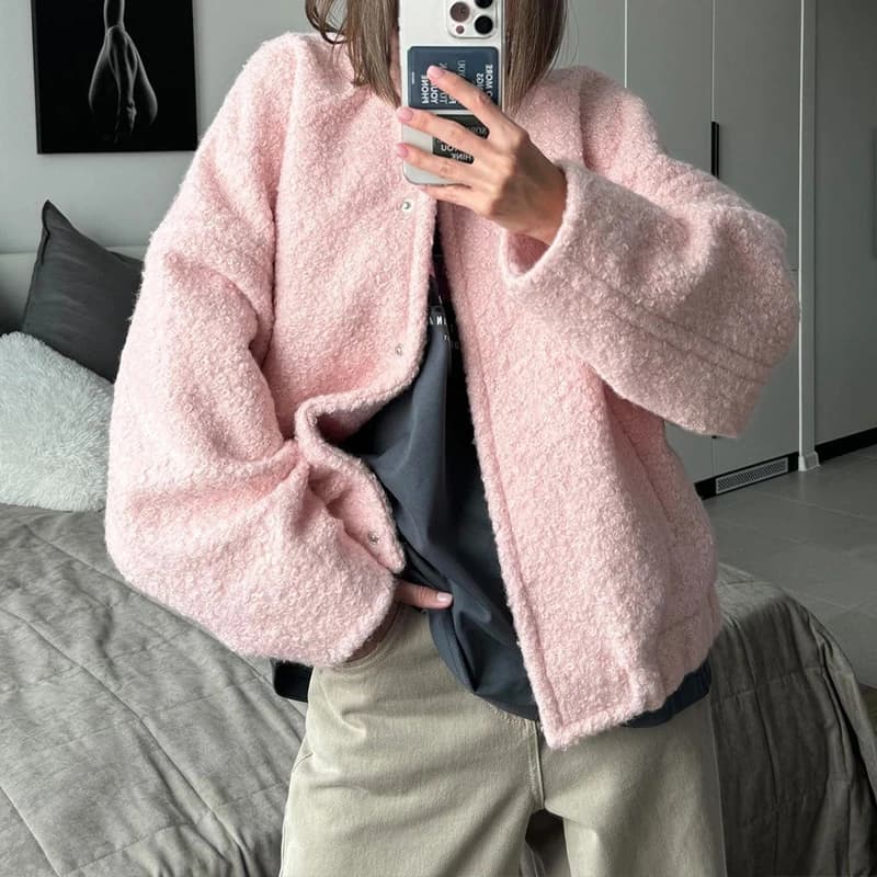 BKLD Casual Fashion Style Women's Pink Fleece Thick Warm Jackets Simple Elegant Stand Collar Long Sleeve Pockets Loose Fit Coats