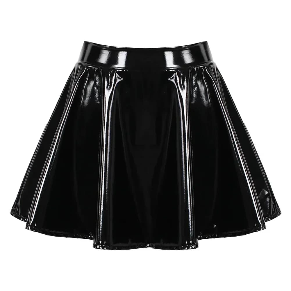 Women Glossy Patent Leather Flared Miniskirt Dance A Line Skirt Clubwear Cosplay Costume Retro Style Elastic Waistband