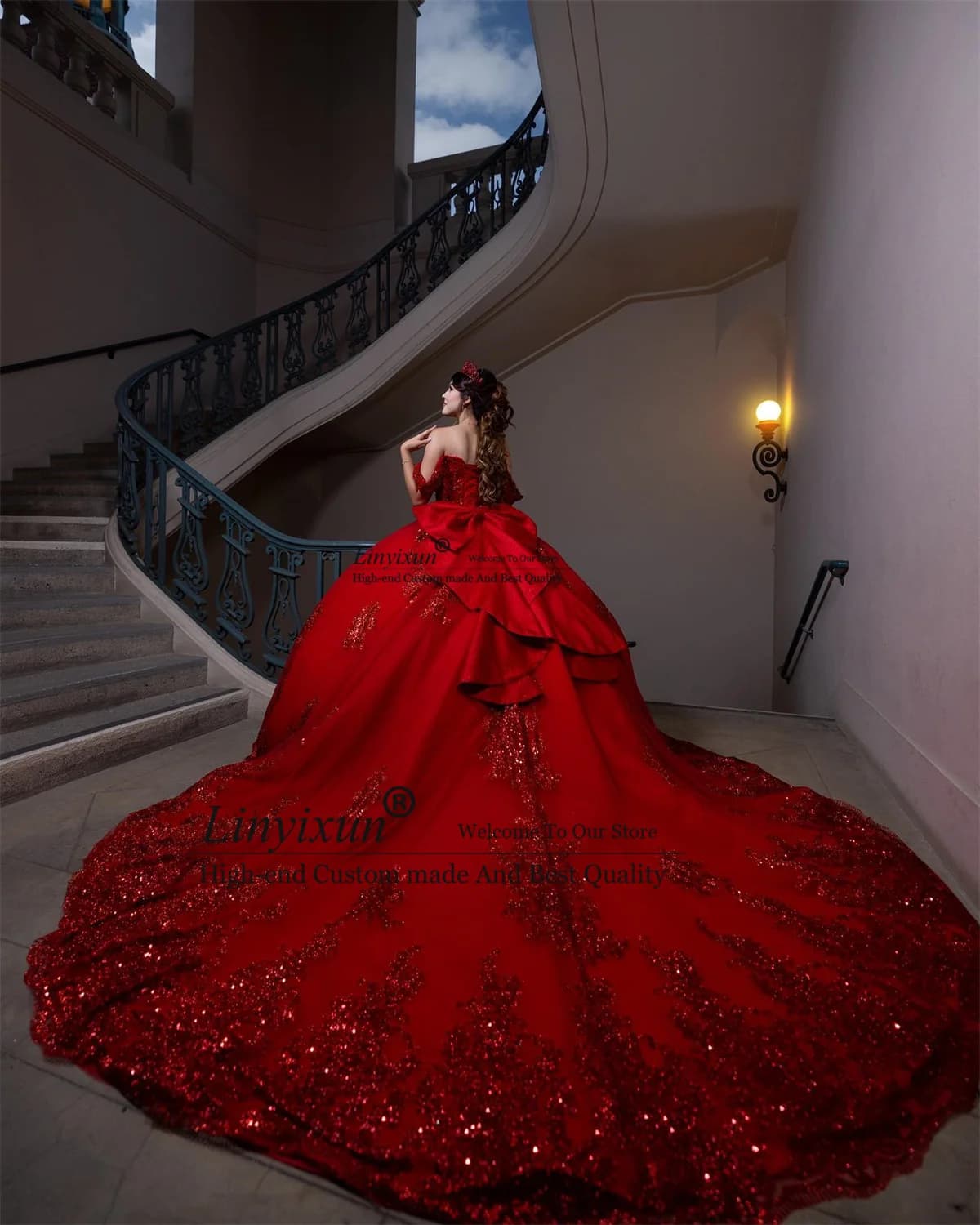 Shiny Red Quinceanera Dress Ball Gown Sequins Lace Applique Sweet 16 Dress Customized Mexican Birthday Vestidos De 15 Años