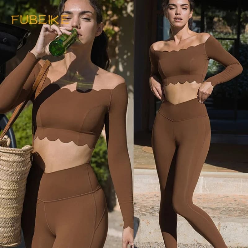 FUBEIKE Yoga Clothes Profile off-Shoulder Top Slim Fitness With Chest Pad Sportswear Women's Long Sleeve Bra Leggings Workout