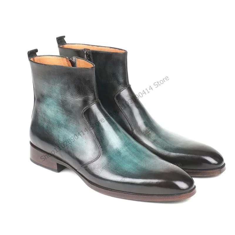 Gradient Color Carving Design Square Toe Ankle Boots Fashion Side Zipper Men Shoes Luxury Handmade Party Banquet Men Dress Shoes