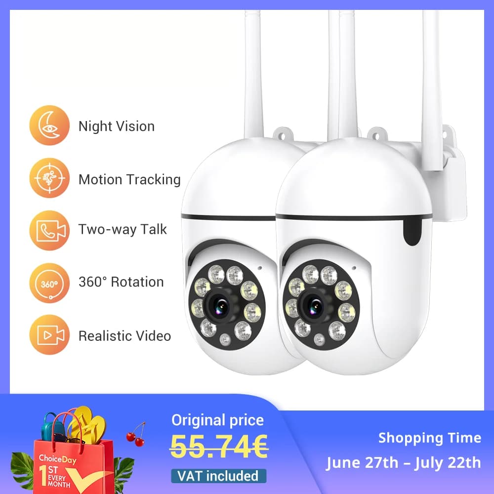 2PC Ease Life APP Wireless 1080P HD Indoor/Outdoor WiFi Security Camera, Color Night Vision, 2-Way Audio, 360° Pan/Tilt/Zoom, Mo