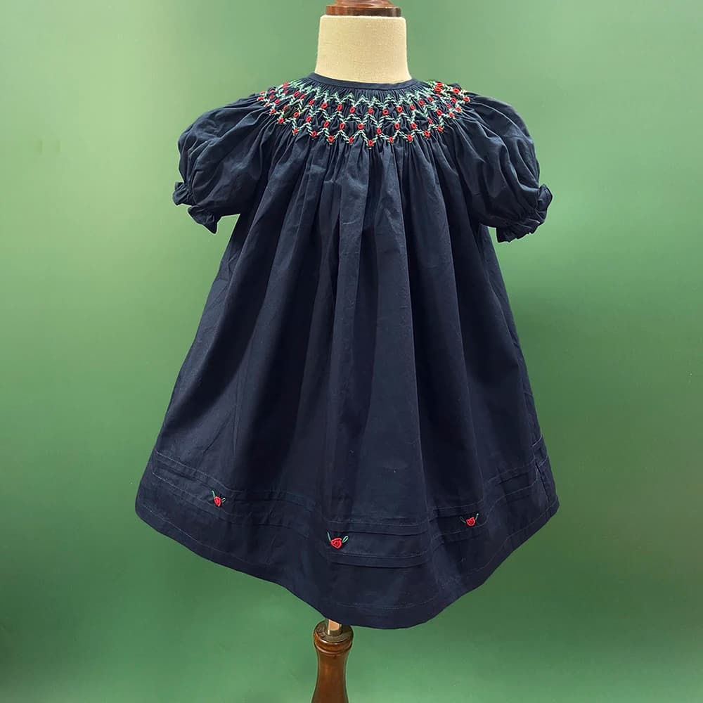 Summer New Girls Smocking Dress Navy Blue 100% Cotton Pure Manual Embroidery Puff Sleeves Casual Fashionable Outfit Clothing