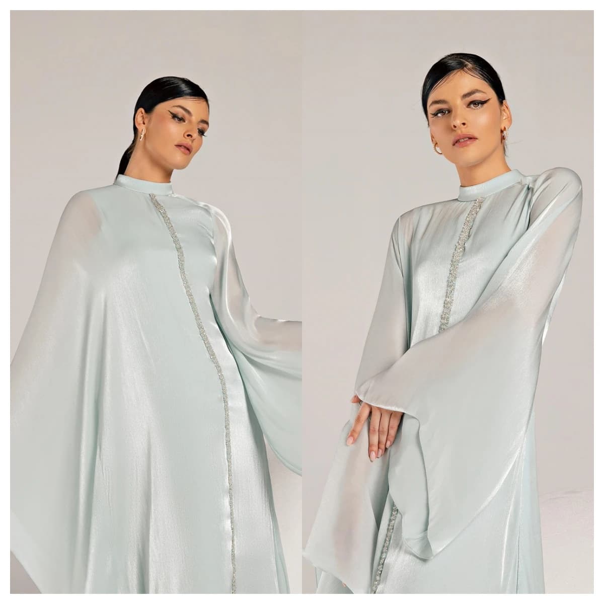 Customized  Sparkly Blue Chiffon Evening Dress O-Neck Long Sleeves Celebrity Gowns Crystal High Quality Vestido De Fest