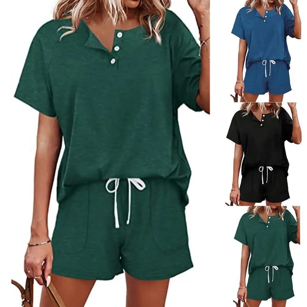 2Pcs/Set Short Sleeve Drawstring Tracksuit Women Outfit Sets Button Down Top Shorts Set chandals mujer спортивный костюм женск