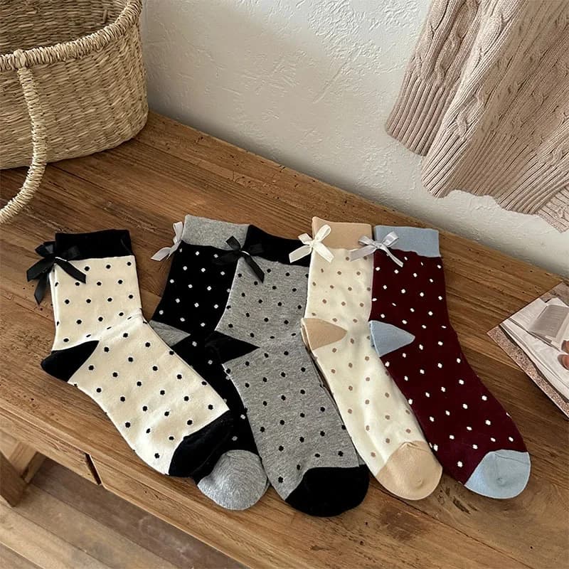 Polka Dot Women Socks Cute Bow Sweet Girl JK Lolita Kawaii Socks Korean Style Harajuku Retro Streetwear Cotton Middle Tube Socks