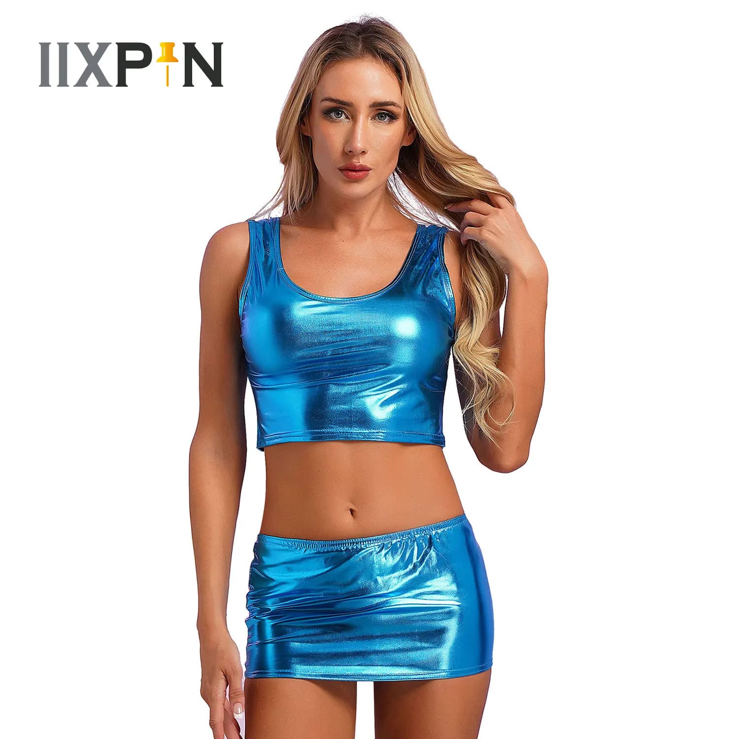 Womens Shiny Metallic Rave Festival Outfit Sleeveless Crop Top with Mini Skirt Set Costume for Club Party Music Pole Dancewear