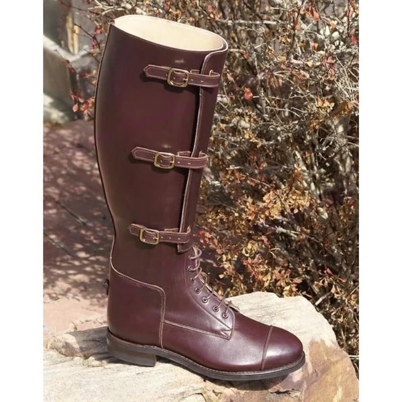 Brown Strappy Buckle Fashion Men's Boots Matte Leather Knee High Shoes for Men Cowboy Knight's Shoes Zapatos Para Hombres