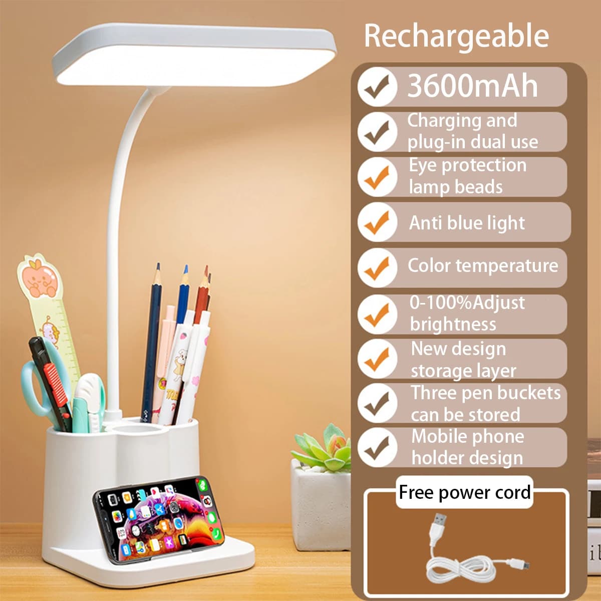 USB Rechargeable Table Lamp Learning Dormitory Bedroom Bedside LED Night Light Eye Protection 3 Levels Dimmable Touch Desk Lamp