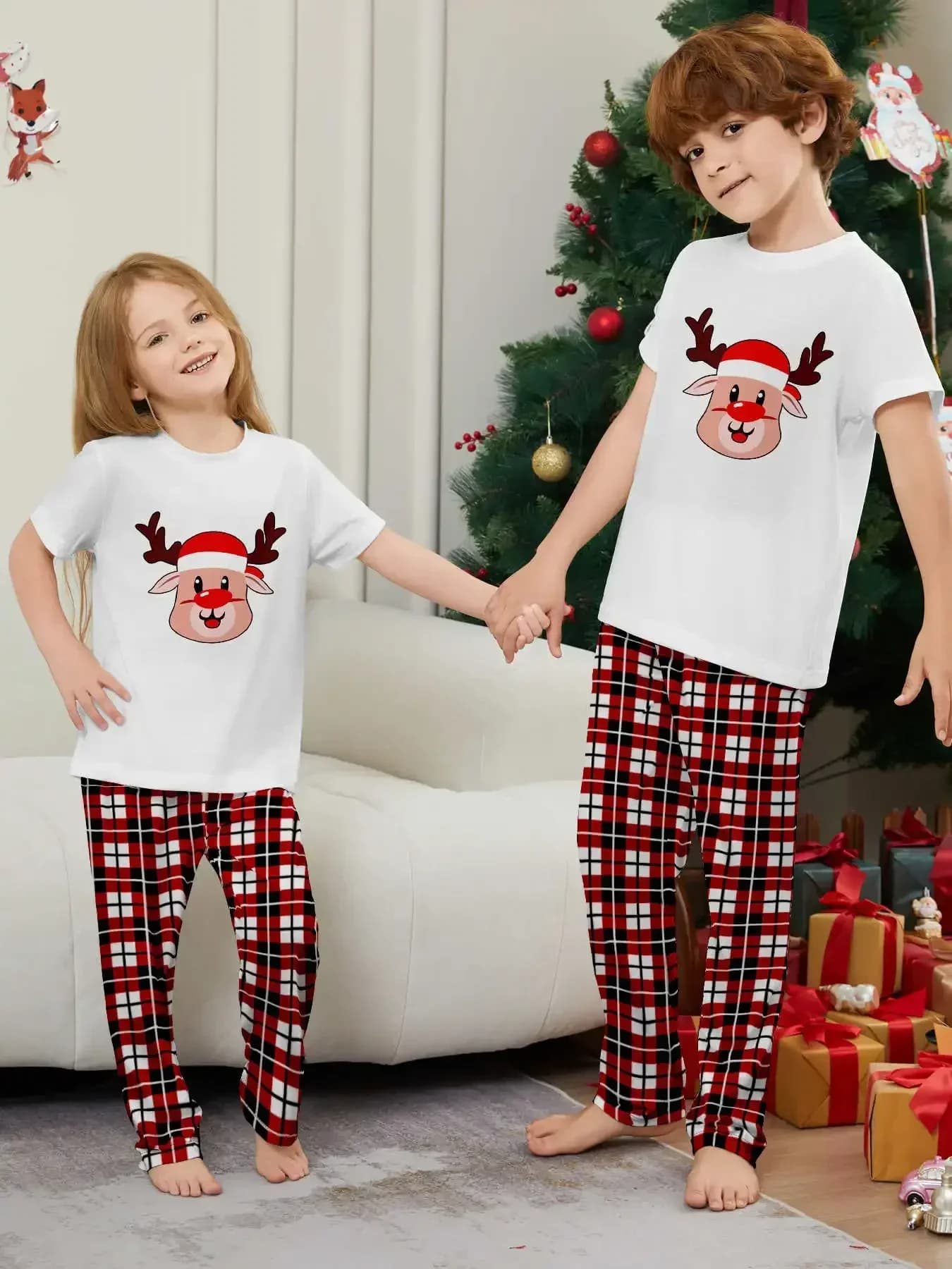 2024 Christmas Kids Pajamas Set Short Sleeve Top+Long Pants Toddler Boys Girls Clothes Elk Plaid Print Sleepwear Baby Romper Pjs