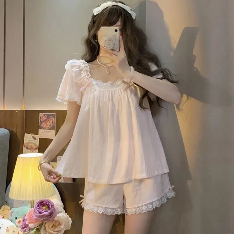 Pajamas Suit Women's Summer Pullover Short Sleeved Pants Cool Lace Sweet Home Outfit Set 2024 New Trendy Girls Pink Sleepwear