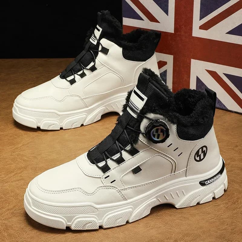 Men's High Top Platform Boots Winter Outdoor Cold Protection Warm Cotton Boots Fashion Rotating Button Mens Versatile Work Boots