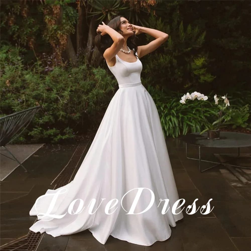 Customized Elegant Pastoral A-Line Spaghetti Stain Square Collar Wedding Dresses Sleeveless Floor Length Bridal Gowns Vestido