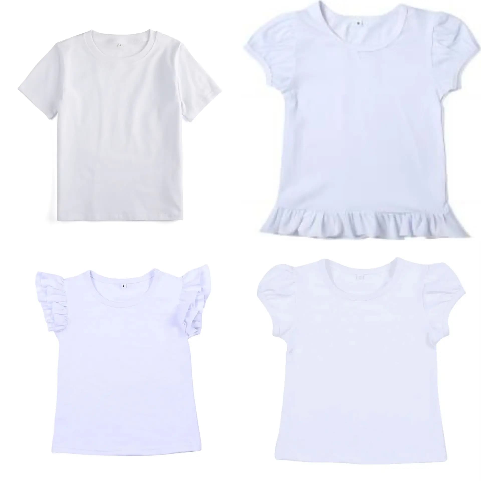 Wholesale Kids Short Sleeve Puff Sleeve 95% Cotton Thick White Blank Shirts Casual Top Girls T-shirt Clothing