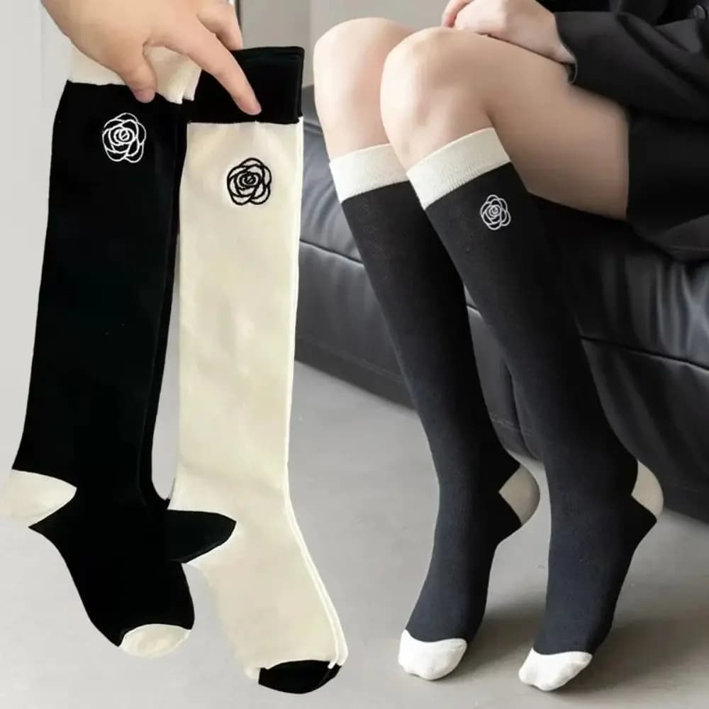 Fashion Camellia Rose Long Socks Women Girls Knee High Socks Golf Sport Socks Elastic Breathable Long Socks Lolita Calf Socks