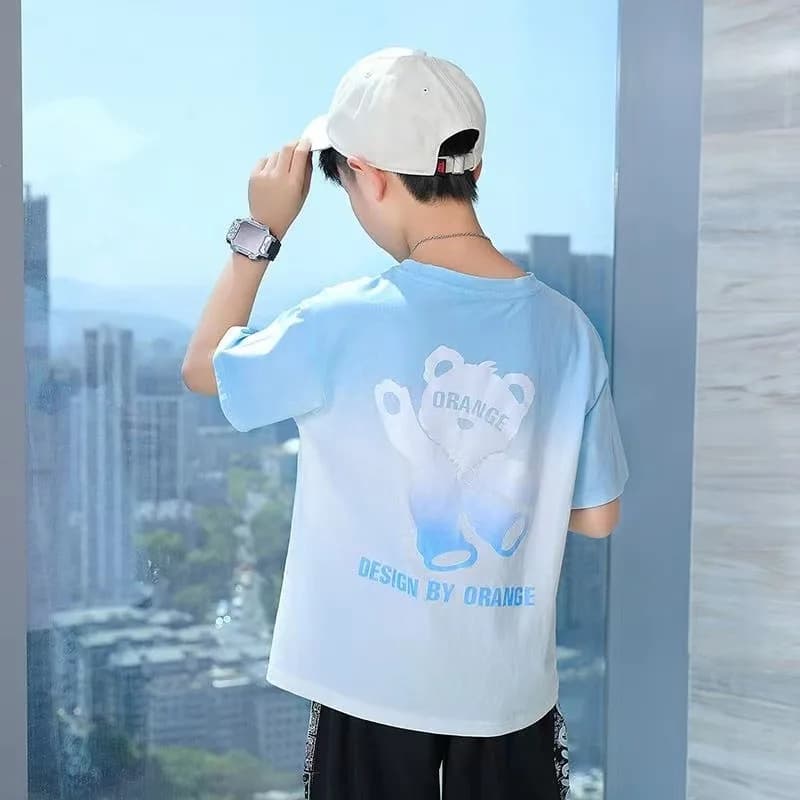 Summer Kids Clothes Boys Fashion American Style Cartoon Little Bear Gradient T Shirt Short Sleeve Tops Children's O-Neck Tees