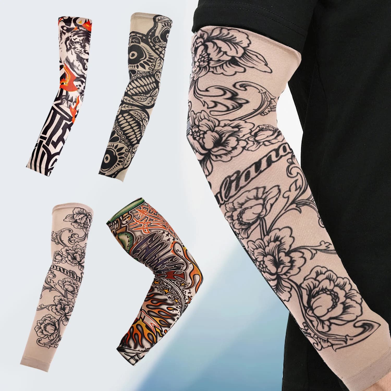 4 Styles Tattoo Sleeve Man Fake Temporary Tattoo Arm Sleeves Unisex Warmers Elastic UV Protection Cool Printed Sun-proof Punk