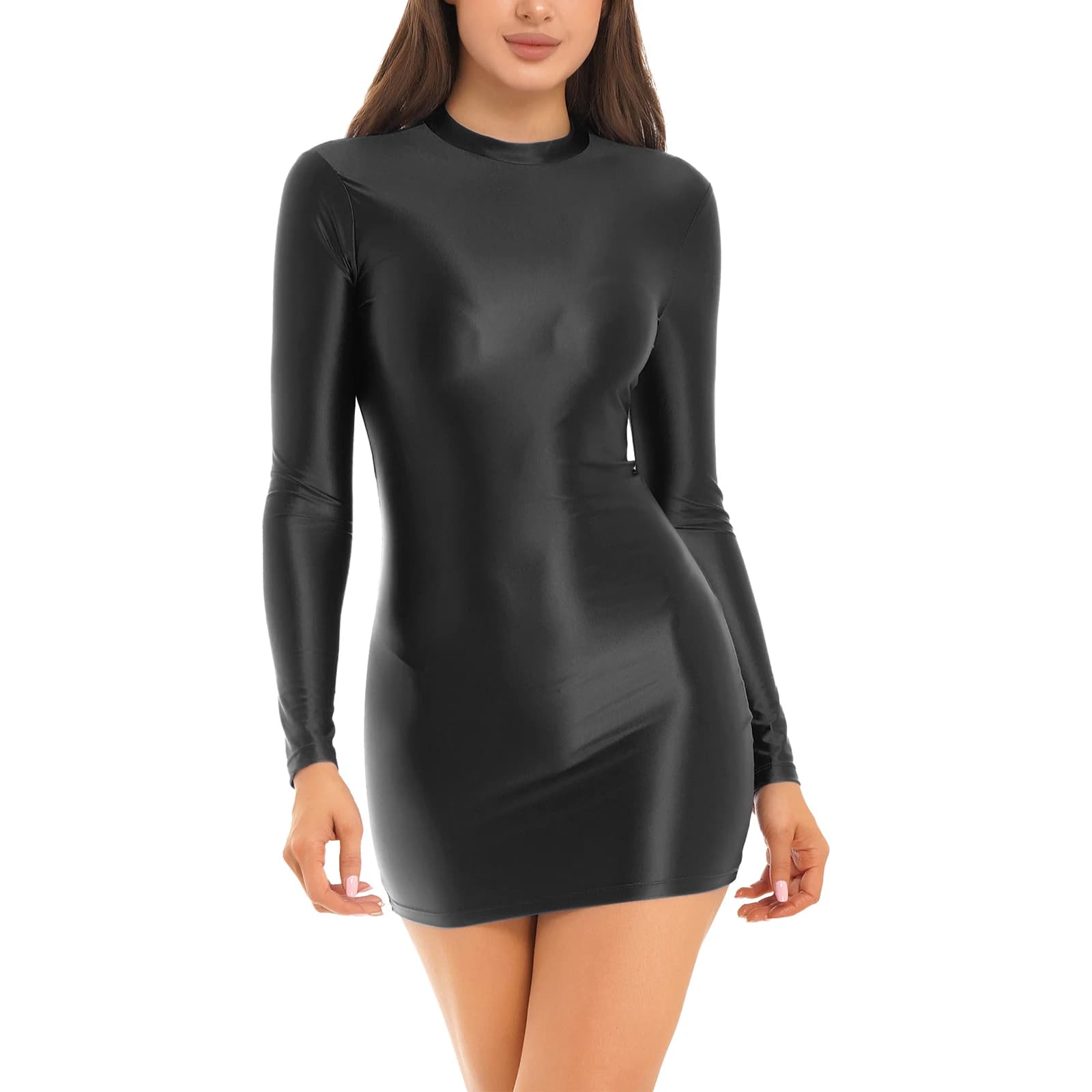 Womens Glossy Bodycon Dress Long Sleeve Mini Pencil Dress Nightwear Smooth Stretchy Mock Neck Tight Dresses Rave Party Clubwear