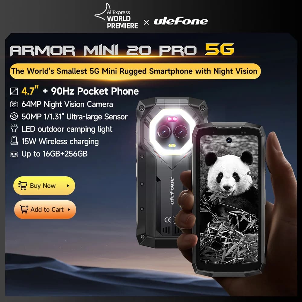 Ulefone Armor Mini 20 Pro 5G 4.7" Rugged Phone 64MP Night Camera Android 14 Smartphone 6200mAh 16GB+256GB Mobile phone LED