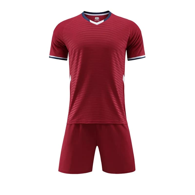 Maroon Summer Training Soccer Jersey Set V Neck Collar Emboss Short Sleeve Sportswear Uniforms Stock Fast Delivery Football Kits