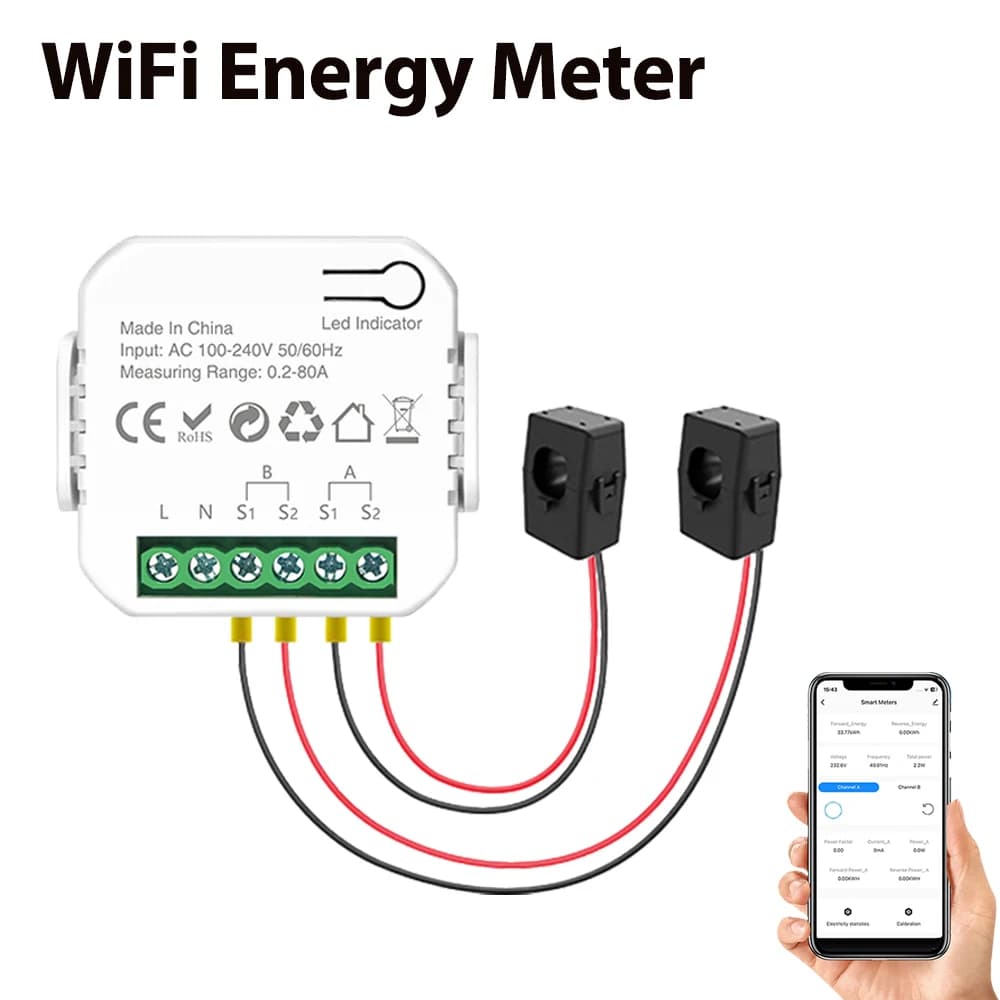 Tuya Smart Life WiFi Energy Meter 80A Bidirectional 2 Channel with Clamp App Monitor Solar Export and Import Power AC110V/240V
