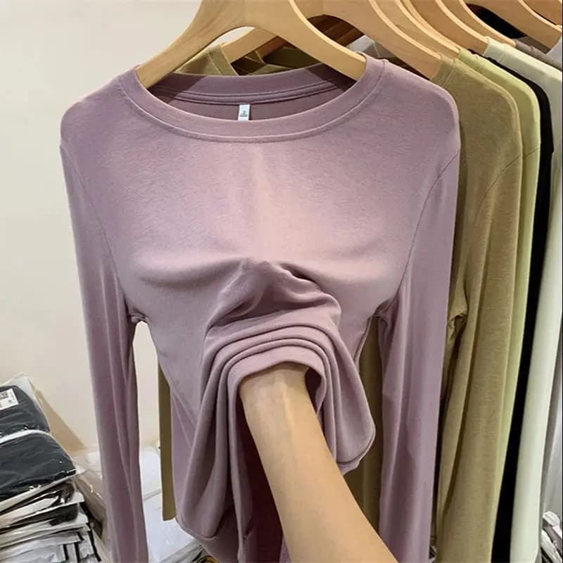 Thread Long Sleeved T-shirt O-neck Solid Basic Bottoming Shirt Women 2024 Autumn Winter Korean Slim Fit Versatile Pullovers Top