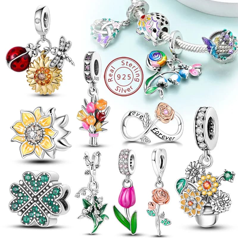 Original 925 Sterling Silver Charm Beads Clover Sunflower Tulip Carnation Pendant For Women Jewelry Fashion Gift