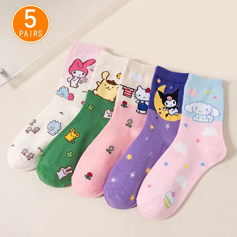5 pcs New Sanrio Dream Party Women's Stockings Innovative and Cute Korean Cartoon Hello Kitty Gift Socks