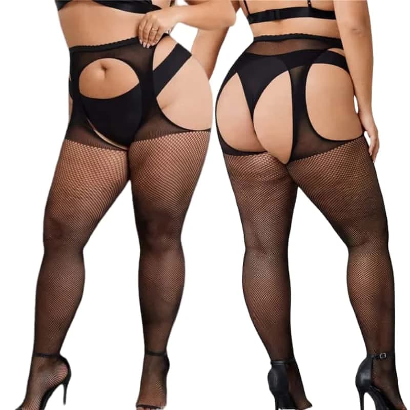 Elastic Queen Large Plus Size Sexy Black Hollow Open Crotchless Pantyhose Body Stockings Tights Lingerie for Oversized Woman 5XL