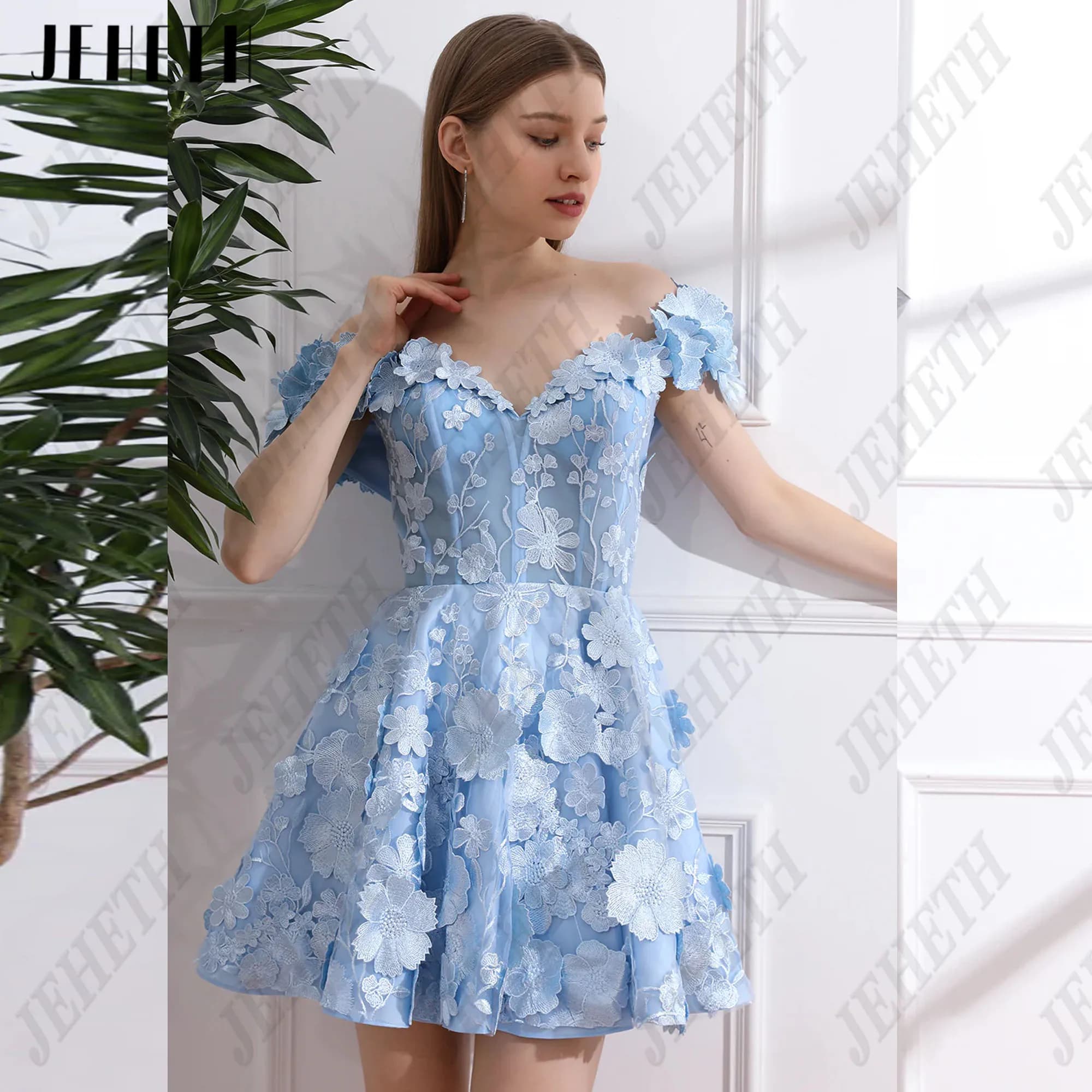 JEHETH Sky Blue Mini Prom Dresses Floral Off Shoulder V-Neck A-Line Vestidos De Festa Lace Up 3D Flowers Tulle Above Knee