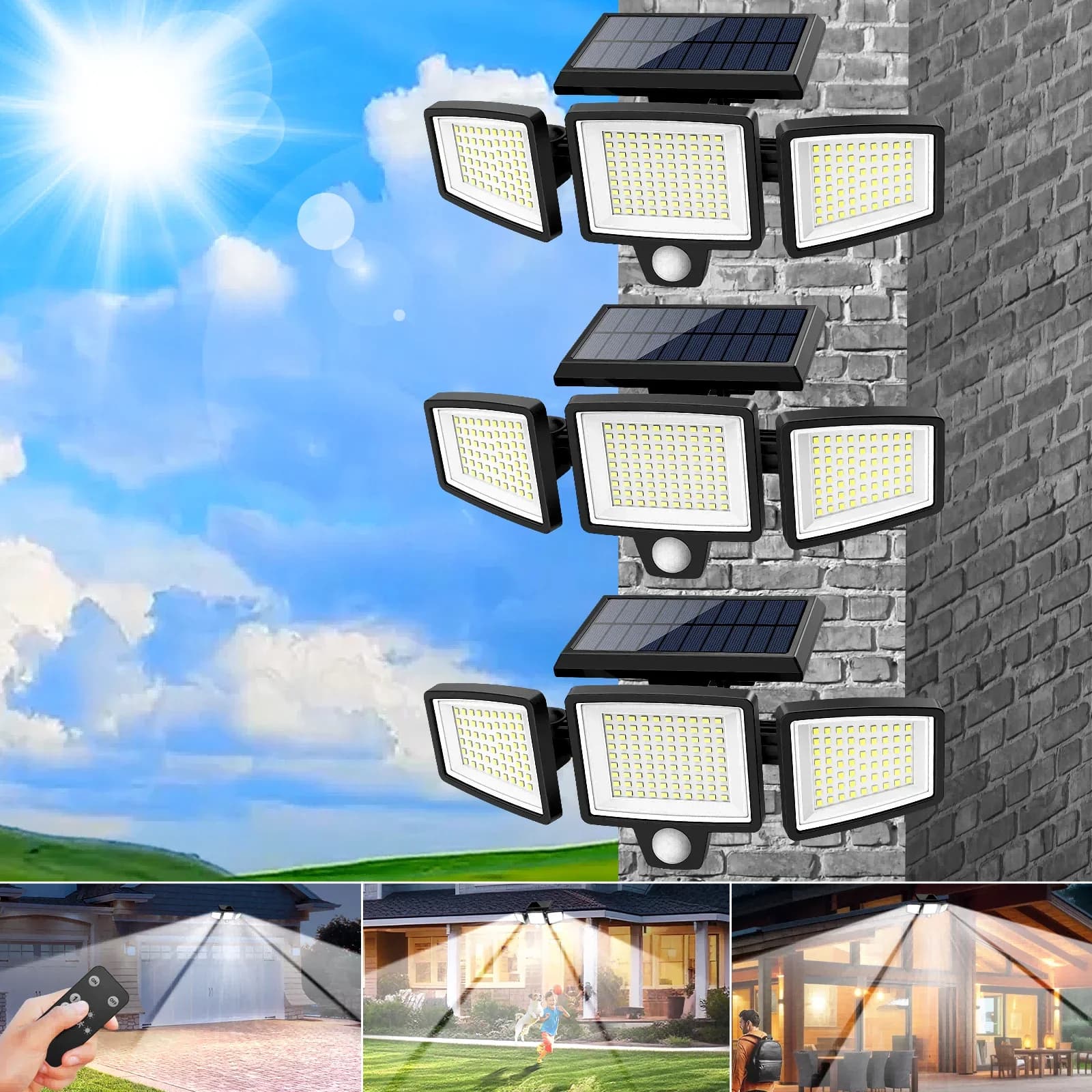 (5/4/3/2/1PCS)IP65Waterproof 3Heads Solar Outdoor Light, 210LED 2500LM Motion Sensor Security Light with Wireless Remote Control