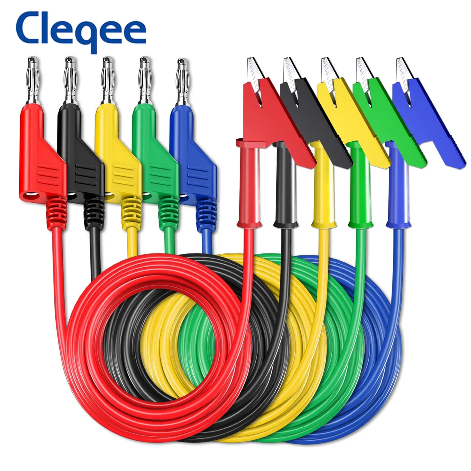 Cleqee P1037 5PCS 4mm Stackable Banana Plug to Alligator Clip Crocodile Clamp Multimeter Test Leads Soft PVC Cable Wire