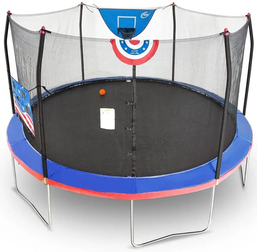 Round Outdoor Trampoline for Kids with Enclosure Net, Basketball Hoop