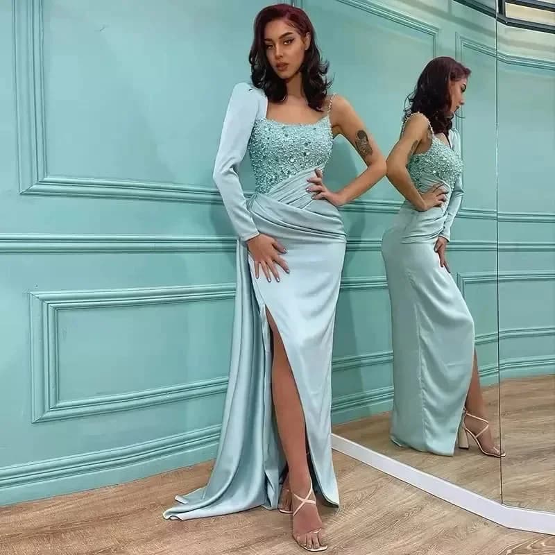 Luxury Sequined Beading One Long Sleeve Satin Square Collar Evening Dresses Sweep Train Pleat Side Split Prom Party Gowns