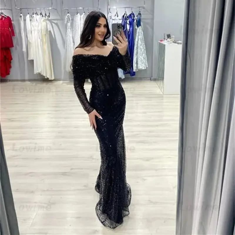 Lowime 2025 Customized Black Evening Dress Off Shoulder Long Sleeve Mermaid Party Gowns Beaded Sequined Formal Women Wear Arabic