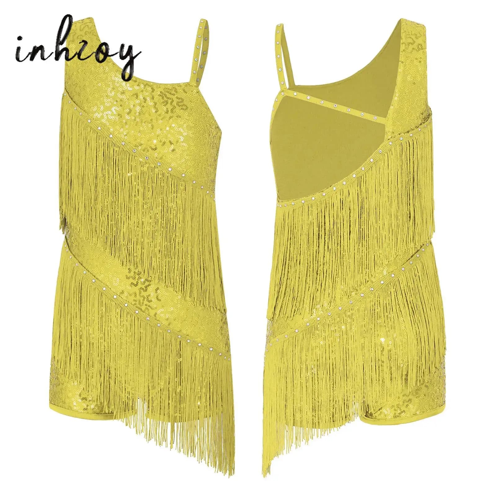 Sequins Latin Dance Dress for Girls Kids Shiny Tassel Leotards Dress Professional Dancing Competition Chacha Rumba Tango Costume