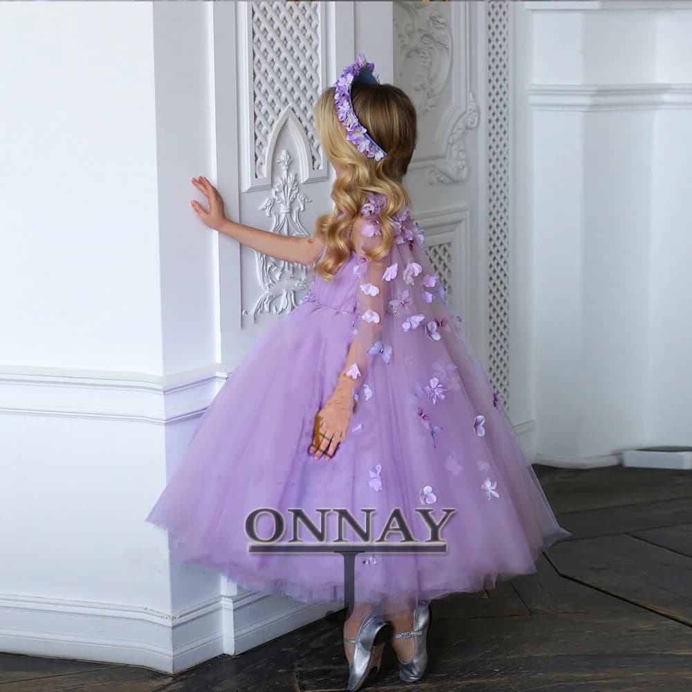 Customized Pastrol 3D Flower Girl Dress V Neck Cape Tea Length Pageant Communion Robe De Demoiselle for Girl Plus 241223