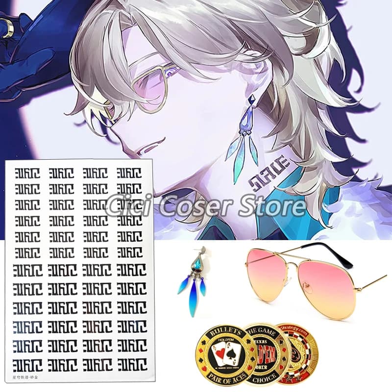 Honkai Star Rail Aventurine Cosplay Wig Earrings Glasses Tattoo Stickers Men Women Halloween Party Carnival Roleplay Props Hairs