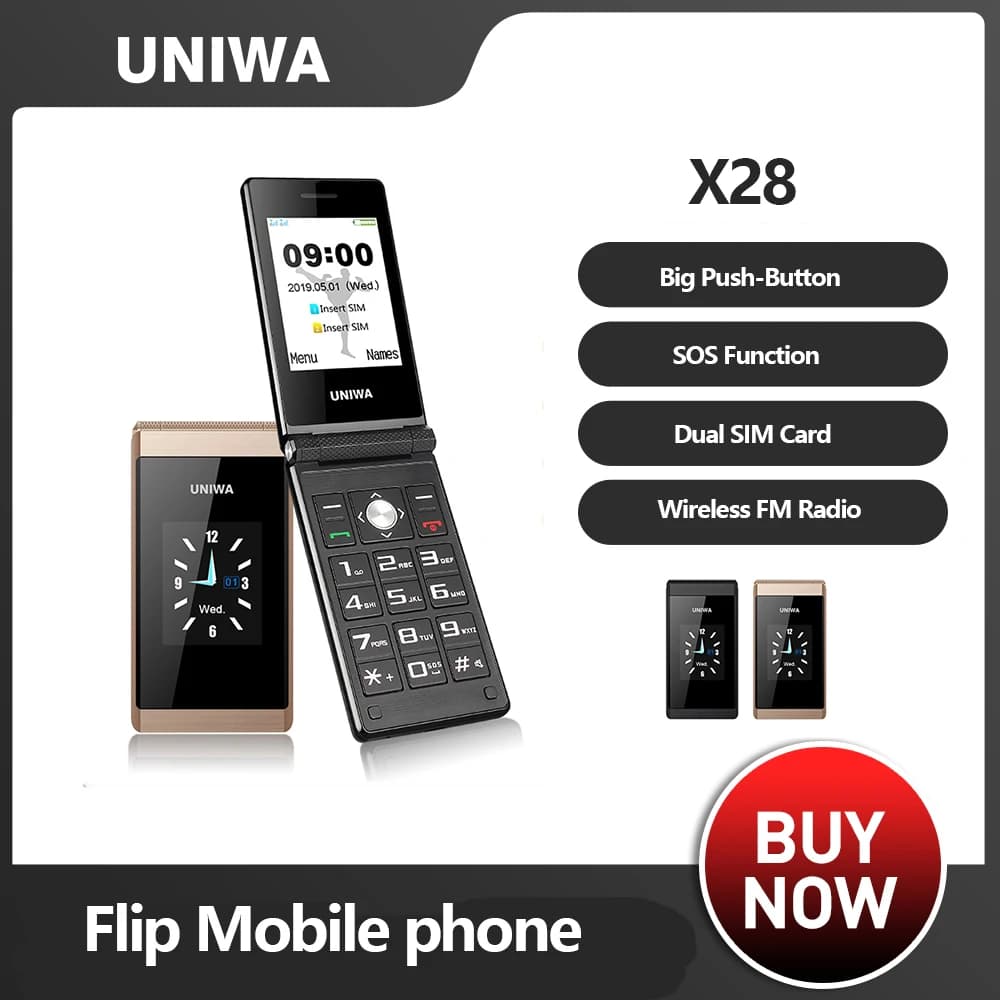UNIWA X28 Big Push-Button Phone Senior Flip Mobile Phone GSM  Dual Sim FM Radio Russian Hebrew Keyboard Clamshell Cellphone