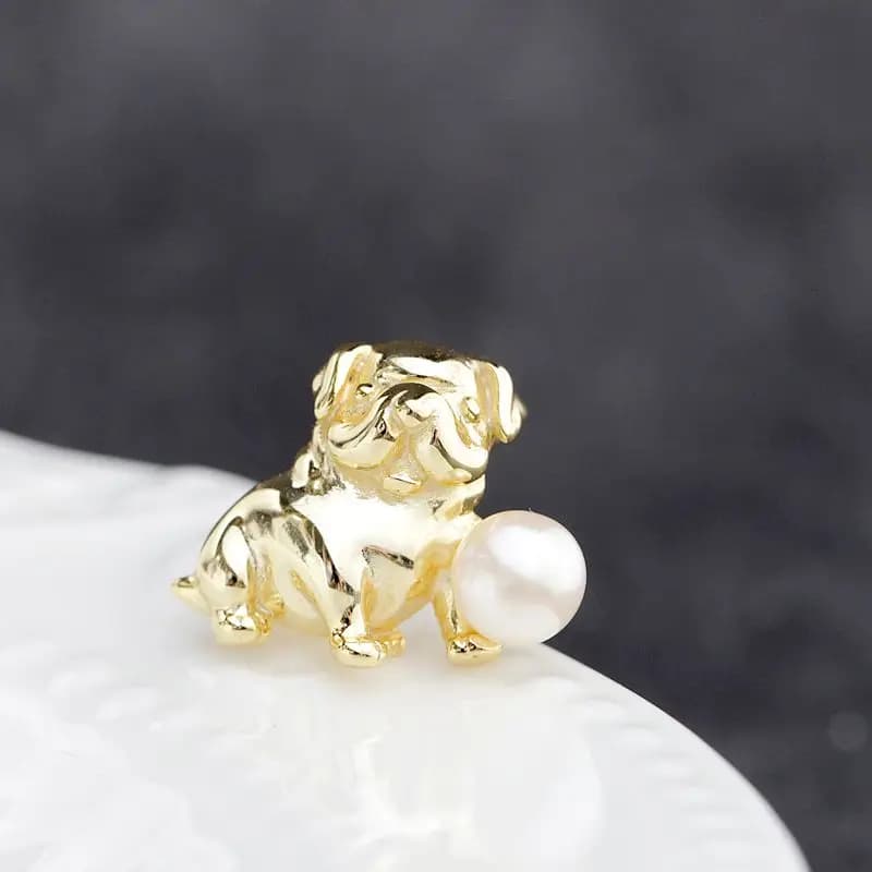 Authentic 925 Sterling Silver Brooch 18K Gold Plated Little Shar-Pei Dog Inlaid Natural Freshwater Pearl Trendy Quality Jewelry